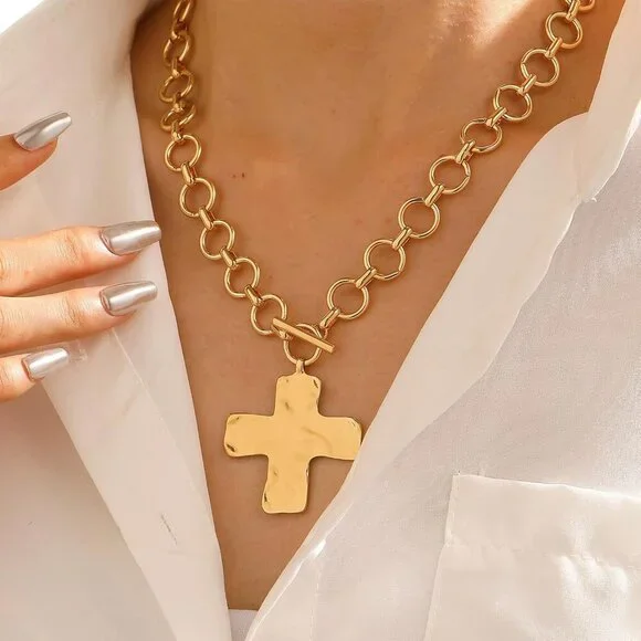 Women Gold 04 Pearl Cross Necklace - Chunky Gothic Punk Vintage Cross Jewelry - Picture 2 of 9